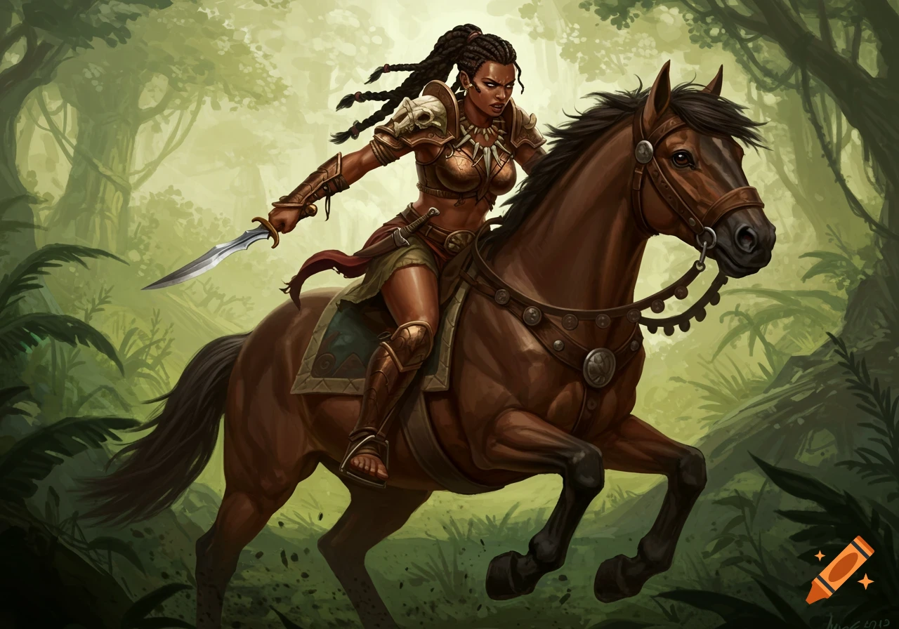 A female warrior on a horse, riding through a forest.