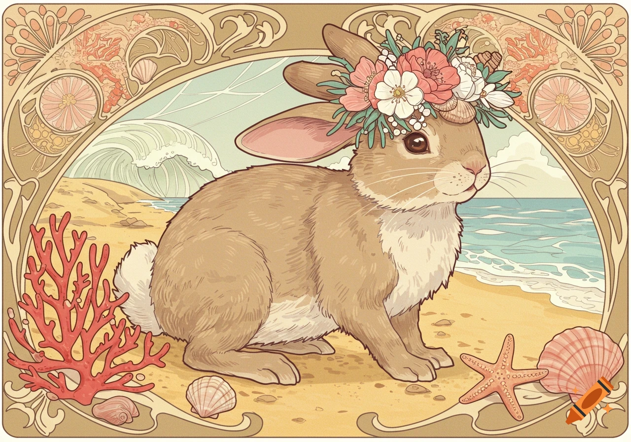 A bunny on a beach wearing a flower crown, framed by decorative seashells and coral in Art Nouveau style.
