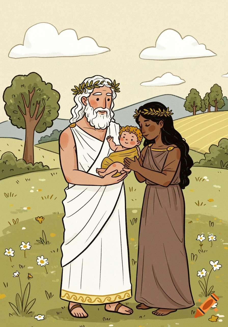 Illustration of a family in ancient Greek attire holding a baby in a field.