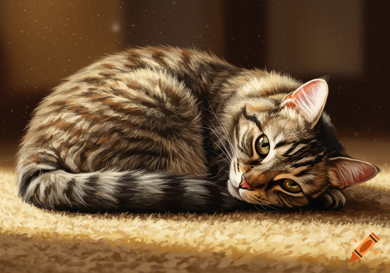 A tabby cat is curled up on a sunlit carpet.