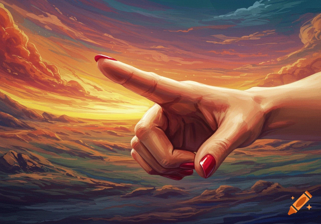 A hand with red nail polish pointing towards an orange sunset sky over a stylized landscape.