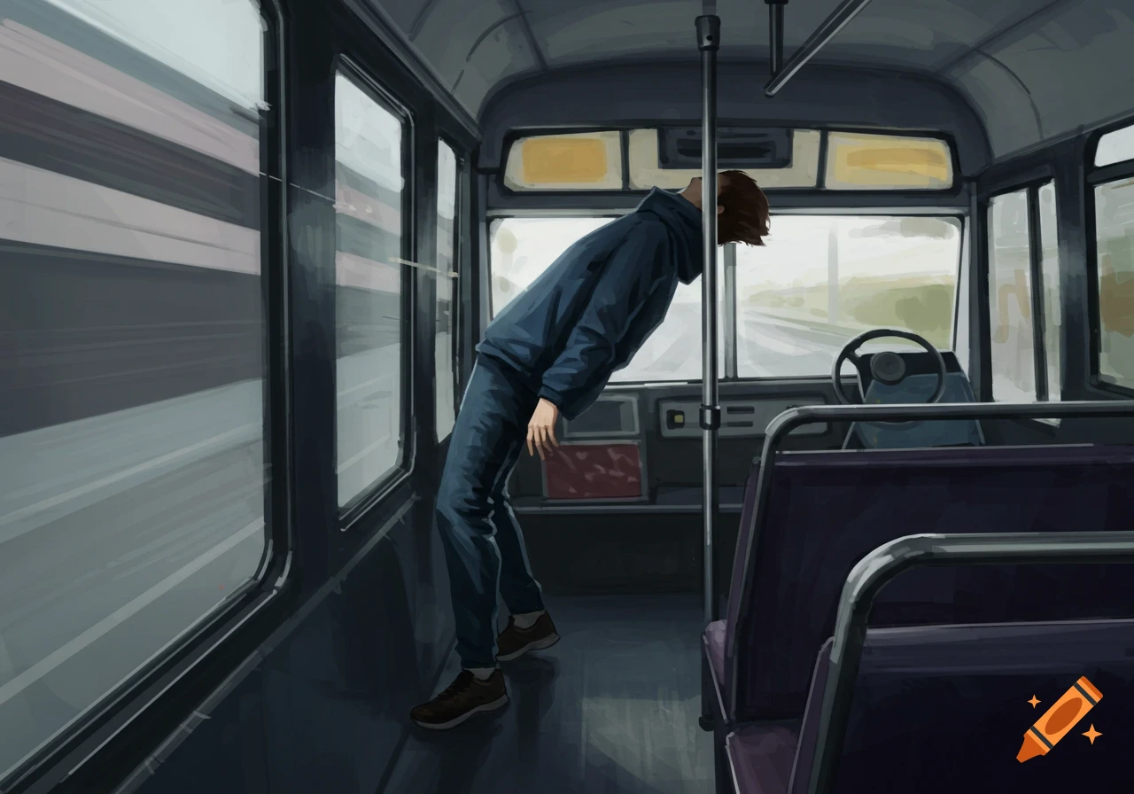 A person leaning back inside a bus, depicting acceleration.