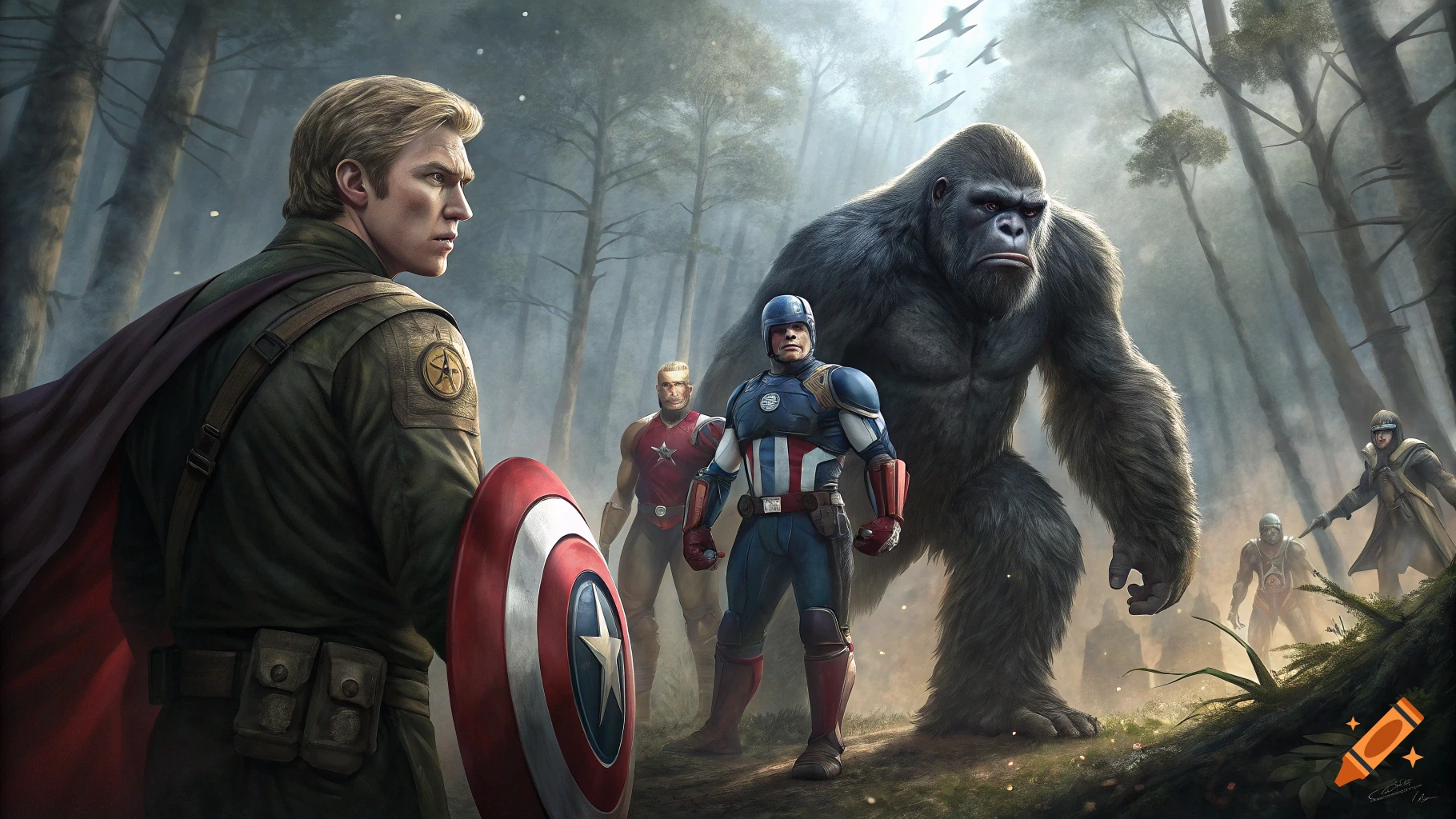 Captain America and other figures, including a large gorilla, stand in a forest as planes fly overhead.