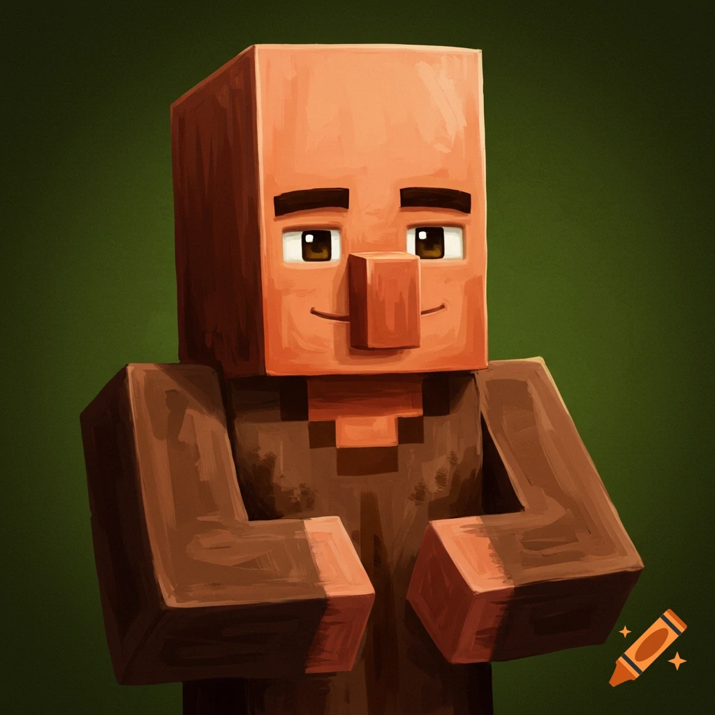 A stylized, hyper-realistic illustration of a Minecraft villager.