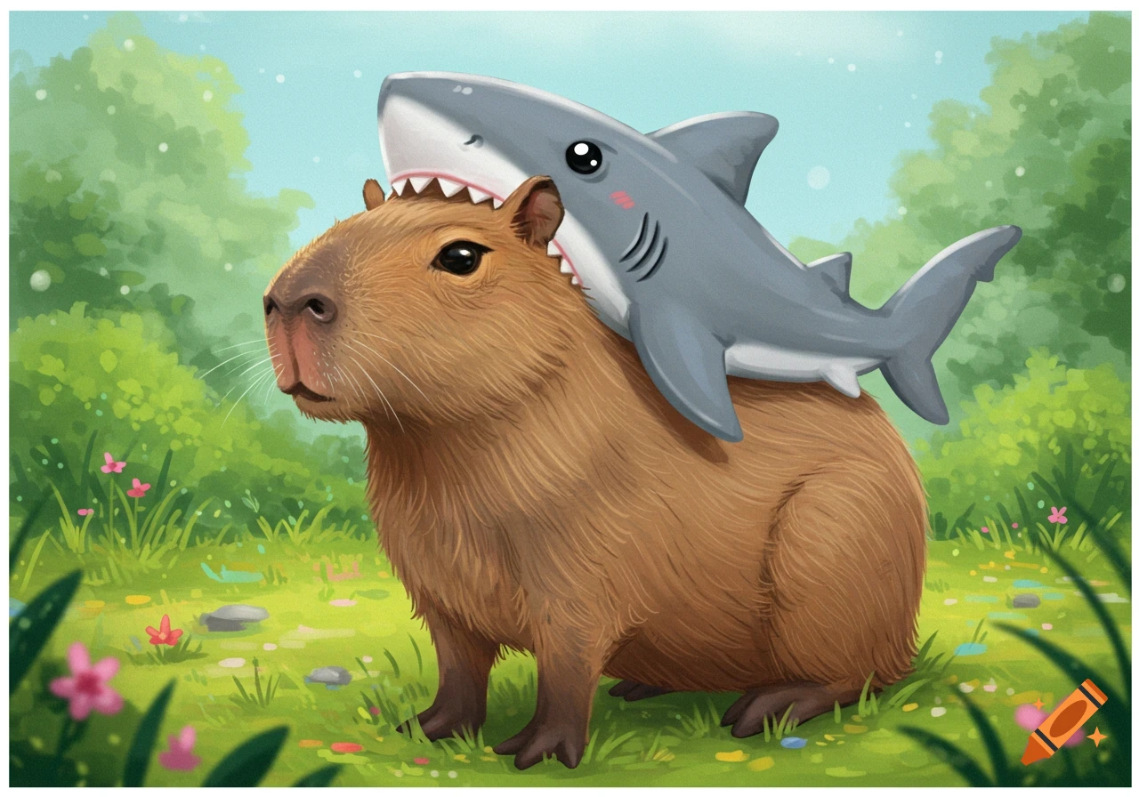 A capybara wearing a shark costume head stands in a grassy field.