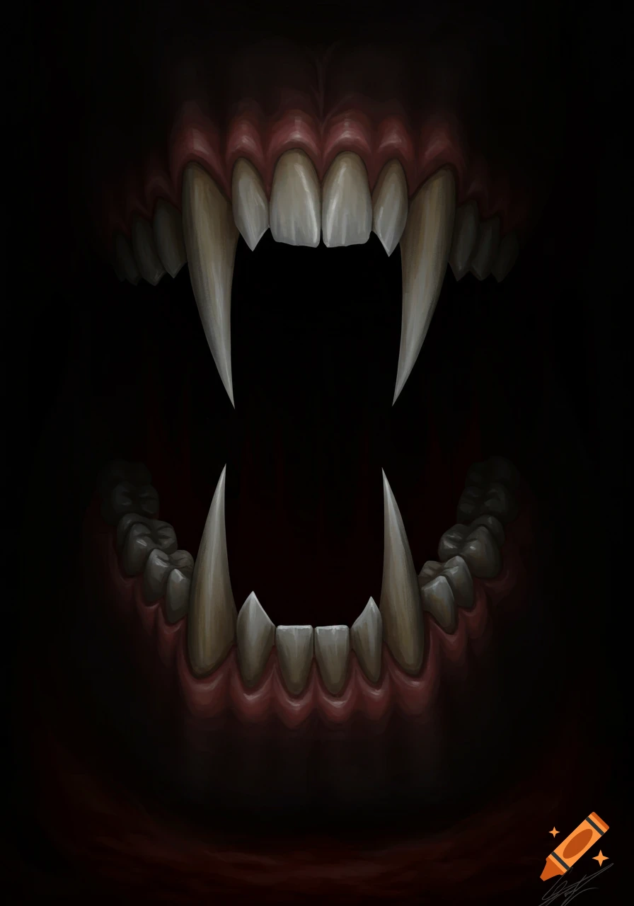 Close-up digital painting of an open mouth with large, sharp vampire fangs.
