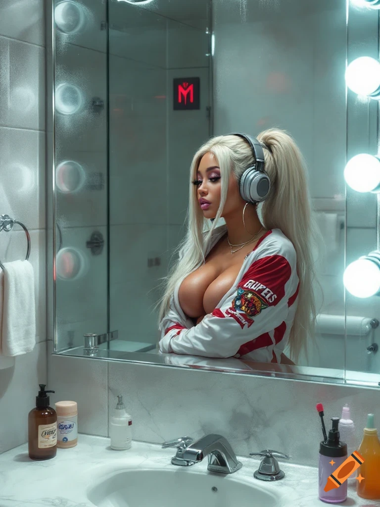 A woman in a bathroom, wearing headphones and an esports jersey, looks in the mirror.