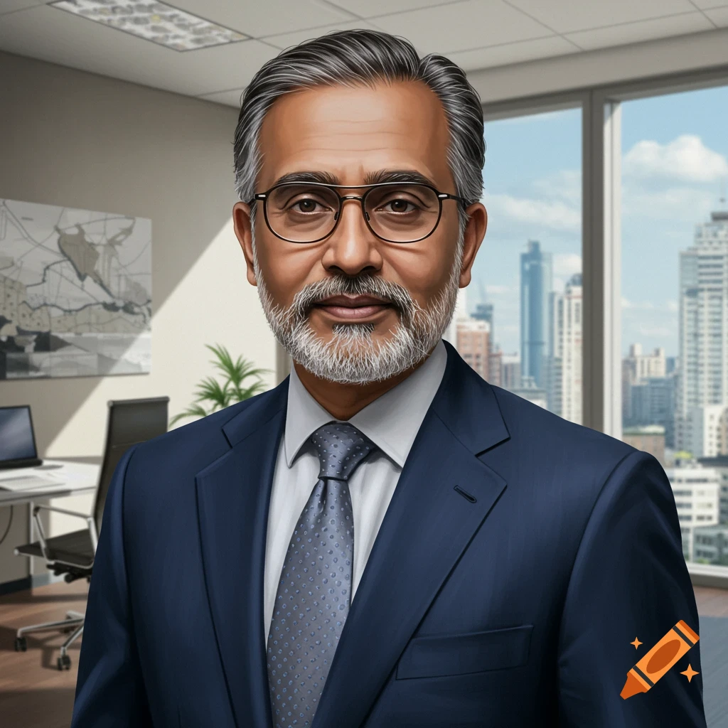 A portrait of a business man in a suit in an office.