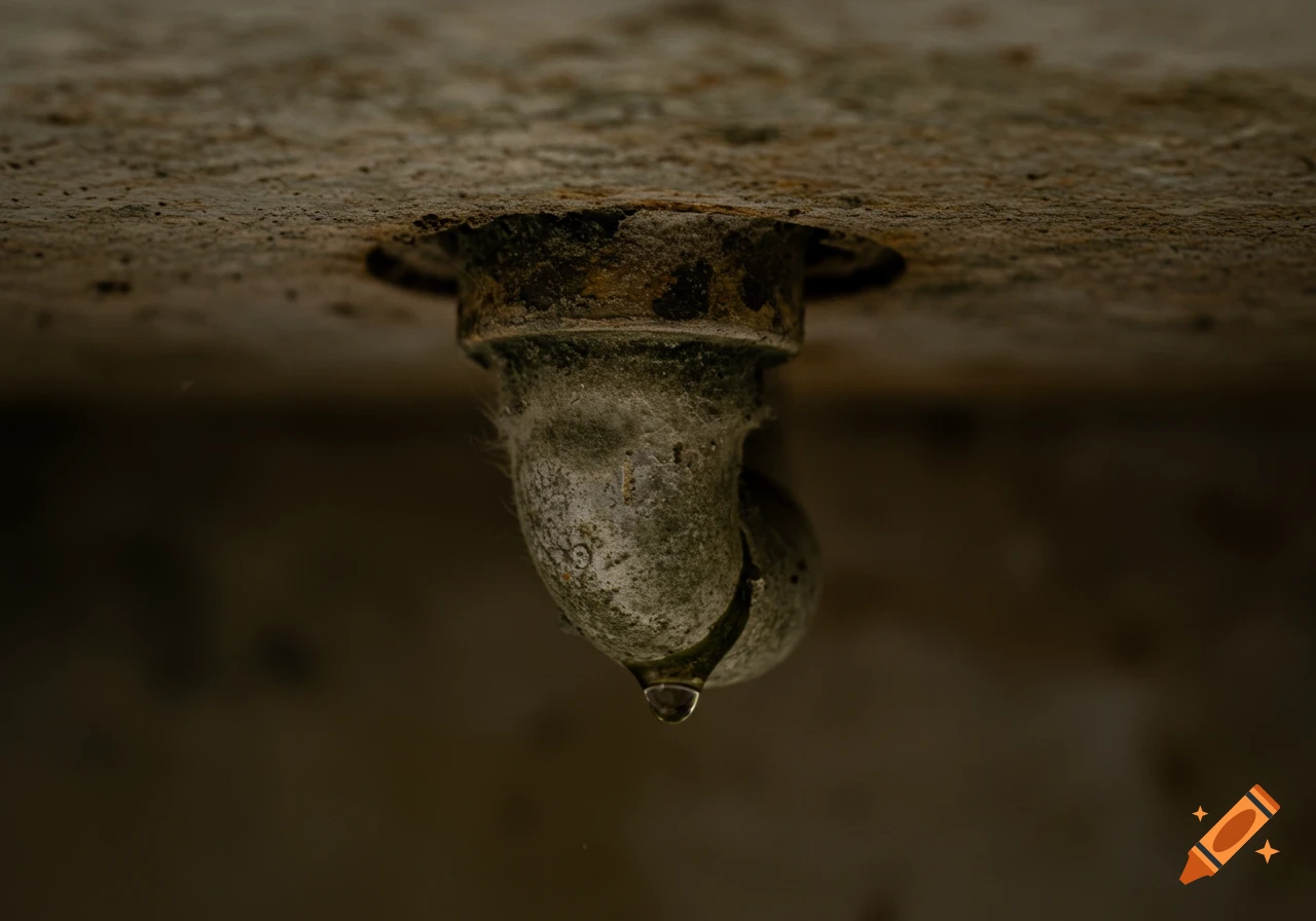 Close-up view of a rusty pipe covered in cobwebs dripping water