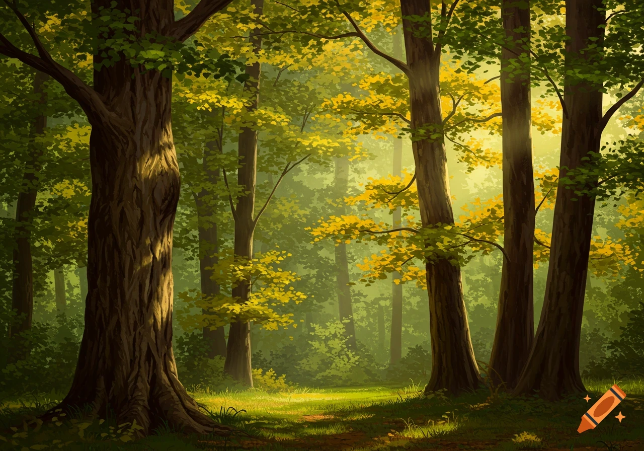 Sunny forest with tall trees and light filtering through leaves