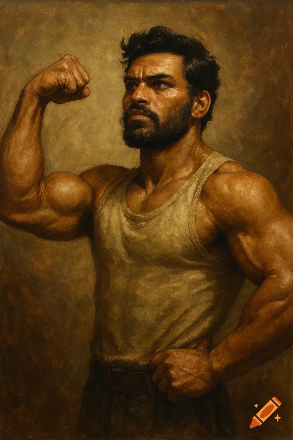 A muscular man flexing his bicep, depicted in a painterly style.