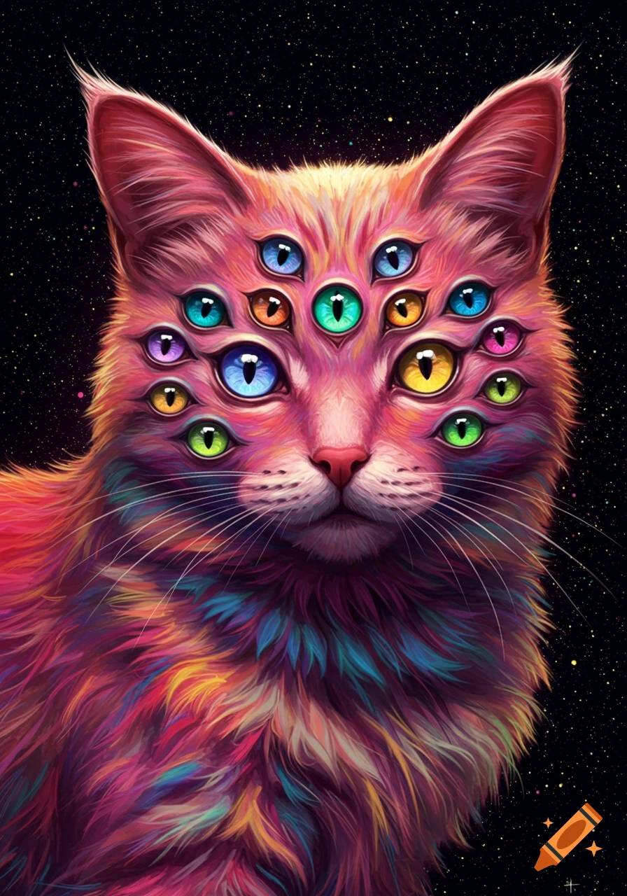 Surreal portrait of a multi-colored cat with many eyes against a starry background