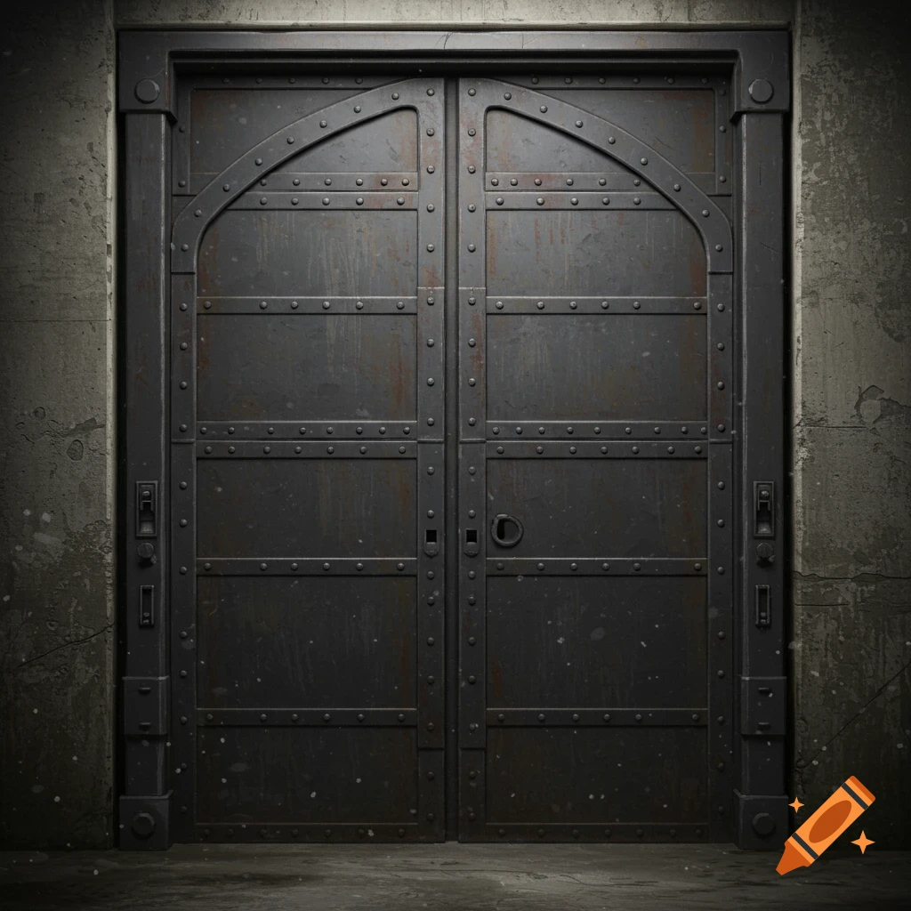 A large, dark metal warehouse door with rivets set in a concrete wall.
