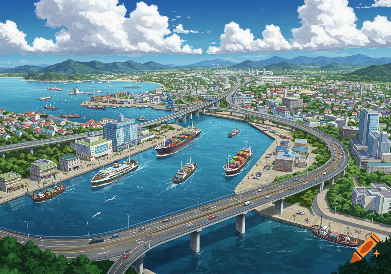 An anime-style illustration of a coastal city with a busy harbor, ships, bridges, and highways.