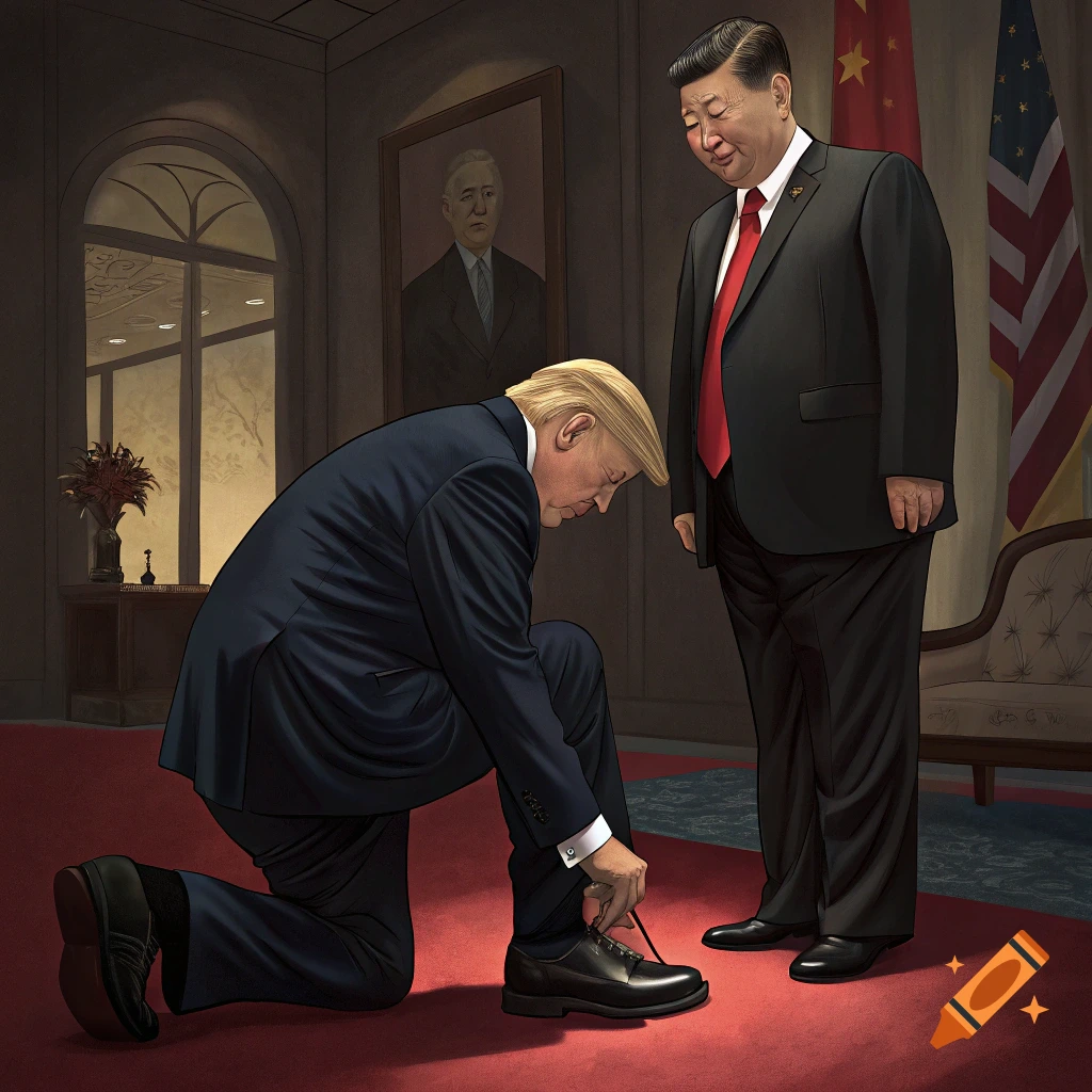 Illustration of Donald Trump kneeling to tie the shoe of Xi Jinping in a room with flags.