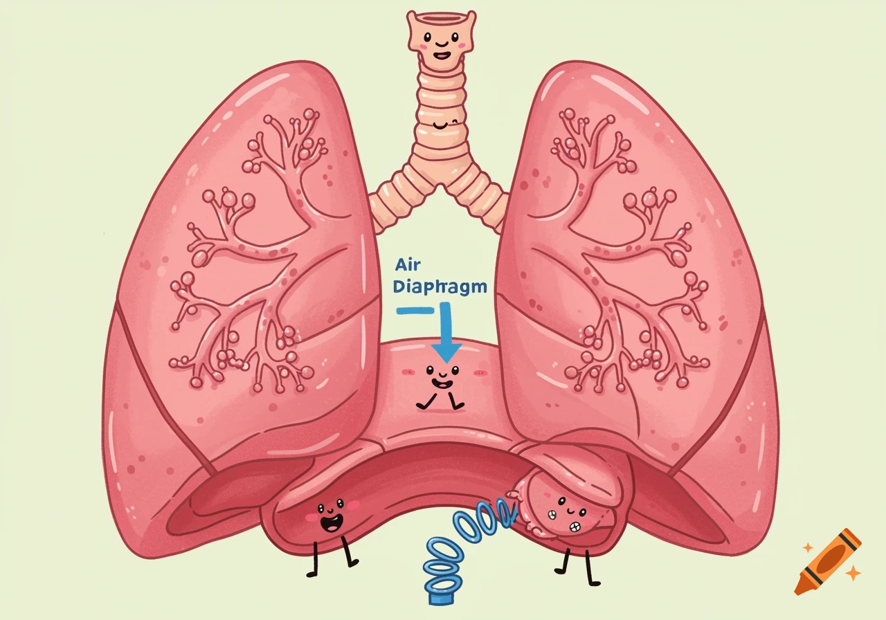 Cartoon illustration of the respiratory system with lungs, trachea, and diaphragm