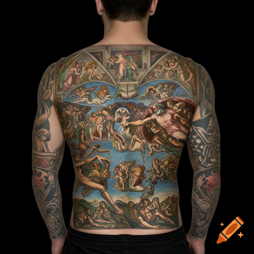 Full back tattoo of Michelangelo's Sistine Chapel ceiling artwork on a person's back.