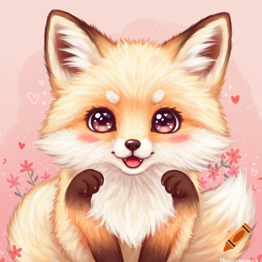 Cute kawaii fox with sparkling eyes and pink background.