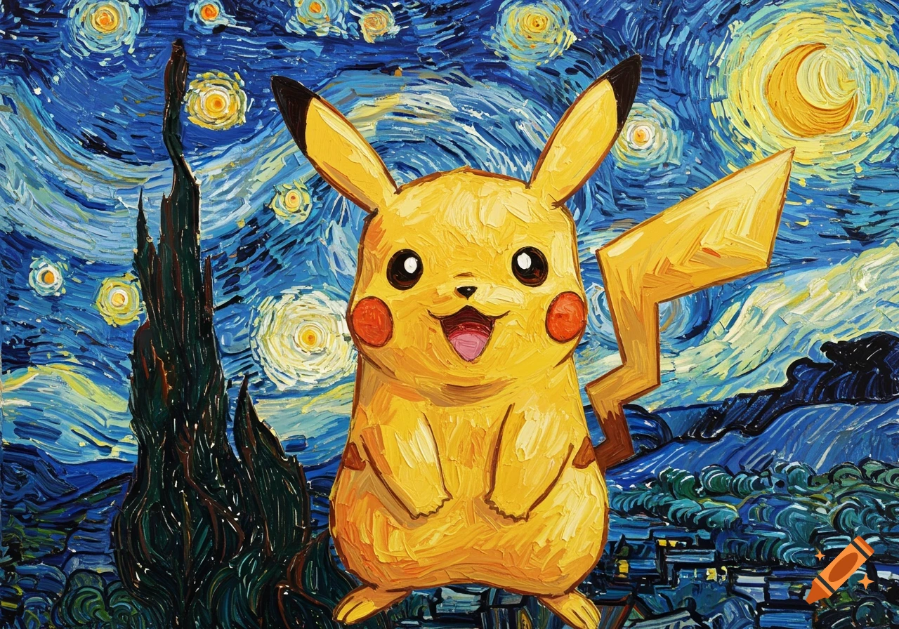 Pikachu depicted in the style of Van Gogh's Starry Night painting