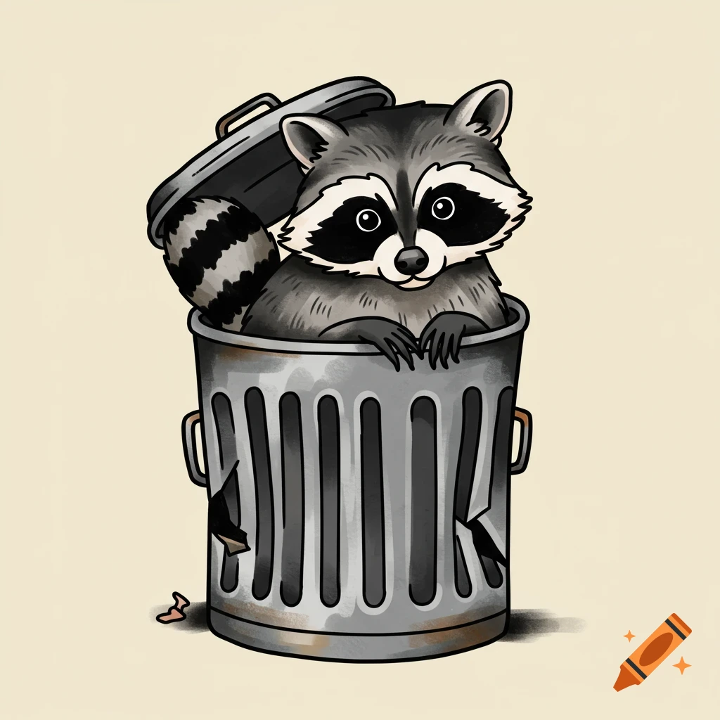 Raccoon peeking out of a trash can, in traditional tattoo style.
