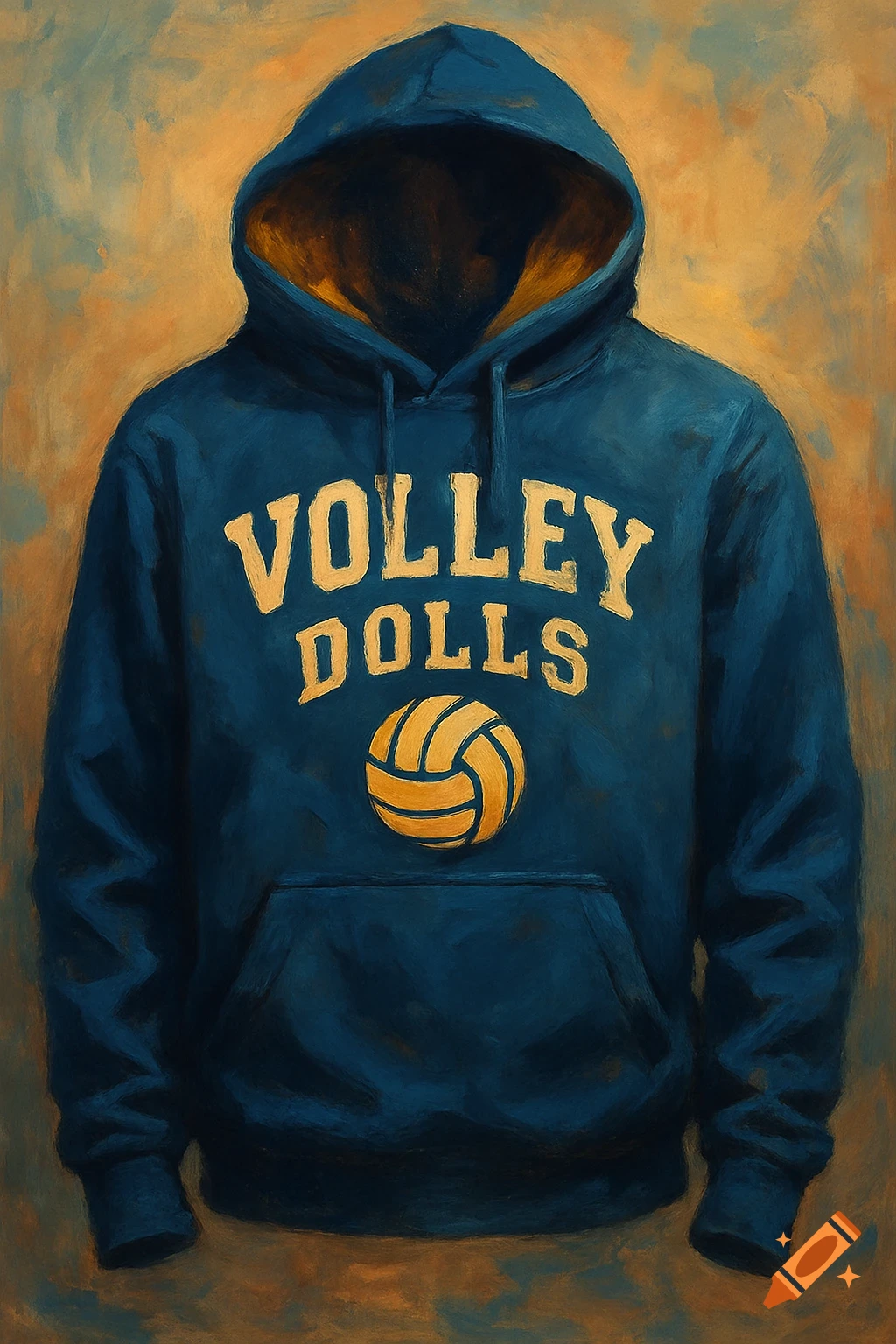 A blue hoodie with 'VOLLEY DOLLS' text and a volleyball design in a painterly style.
