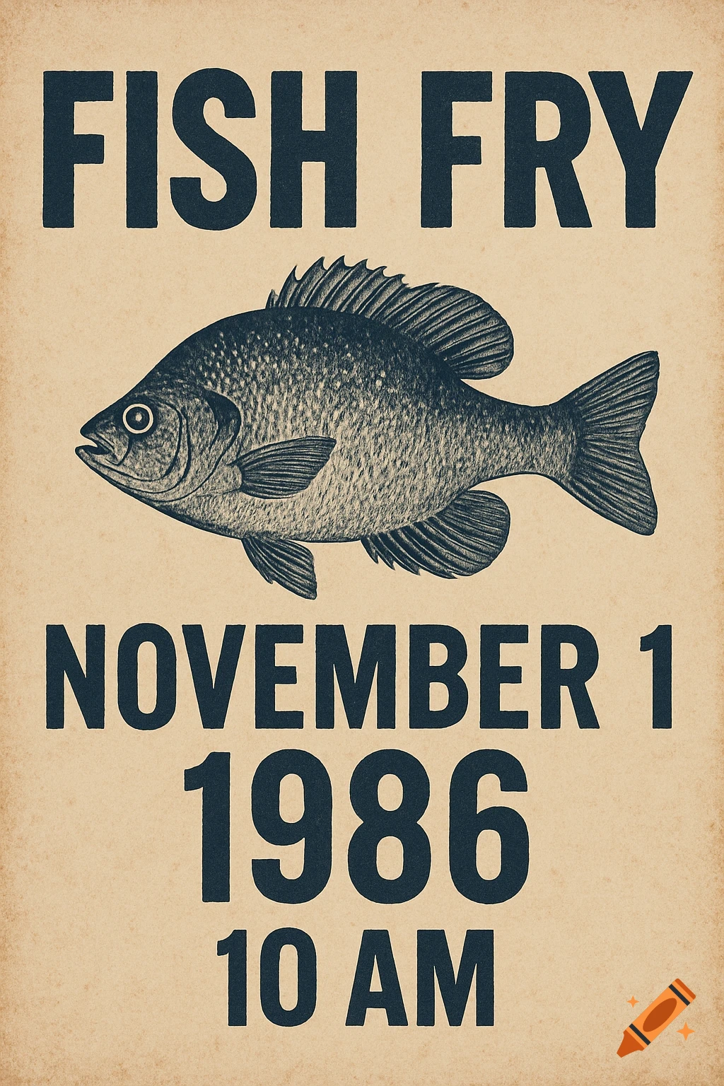 Vintage poster for a fish fry with a drawing of a fish and text: FISH FRY, NOVEMBER 1 1986, 10 AM.