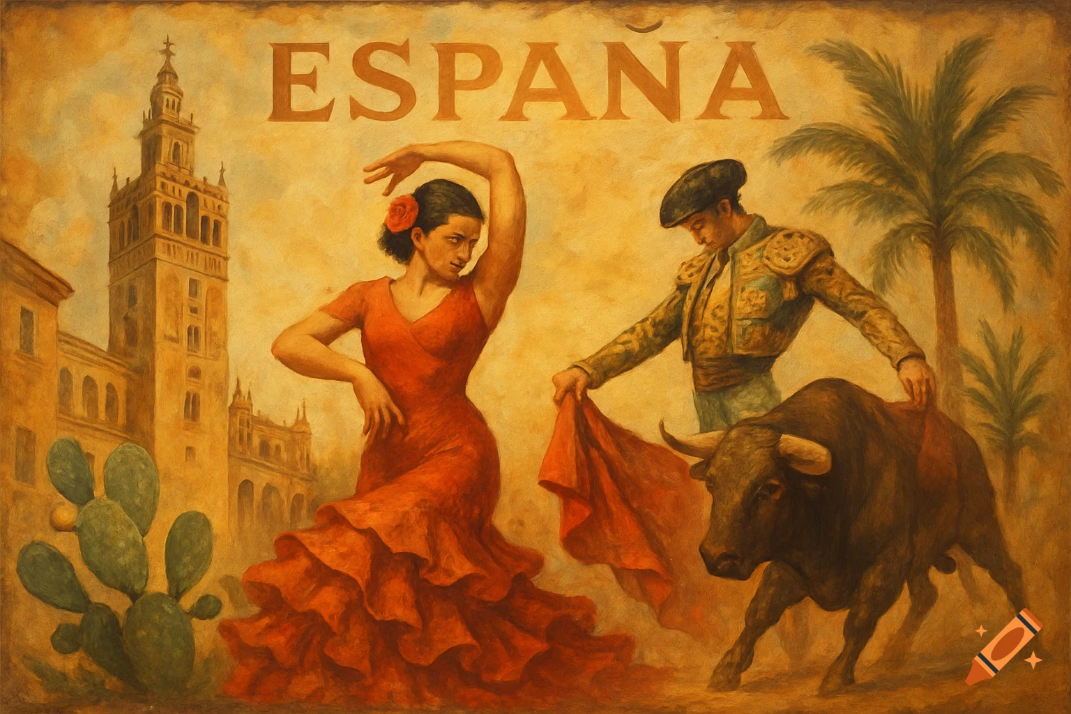 Vintage style painting shows a flamenco dancer, bullfighter, bull, tower, cactus, palm tree, and the word ESPANA.