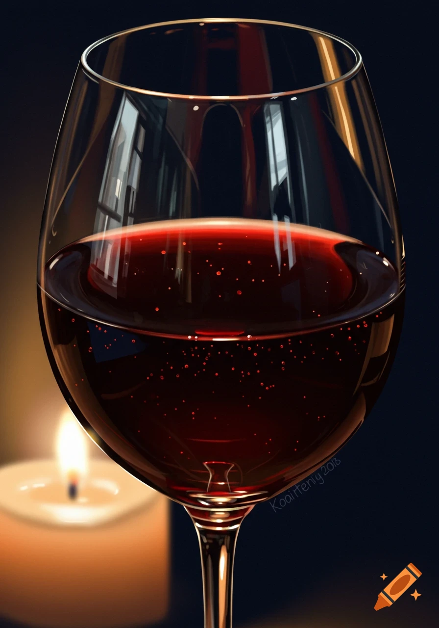 A close-up, realistic painting of a glass of red wine with bubbles, illuminated by a blurry candle flame in the background.