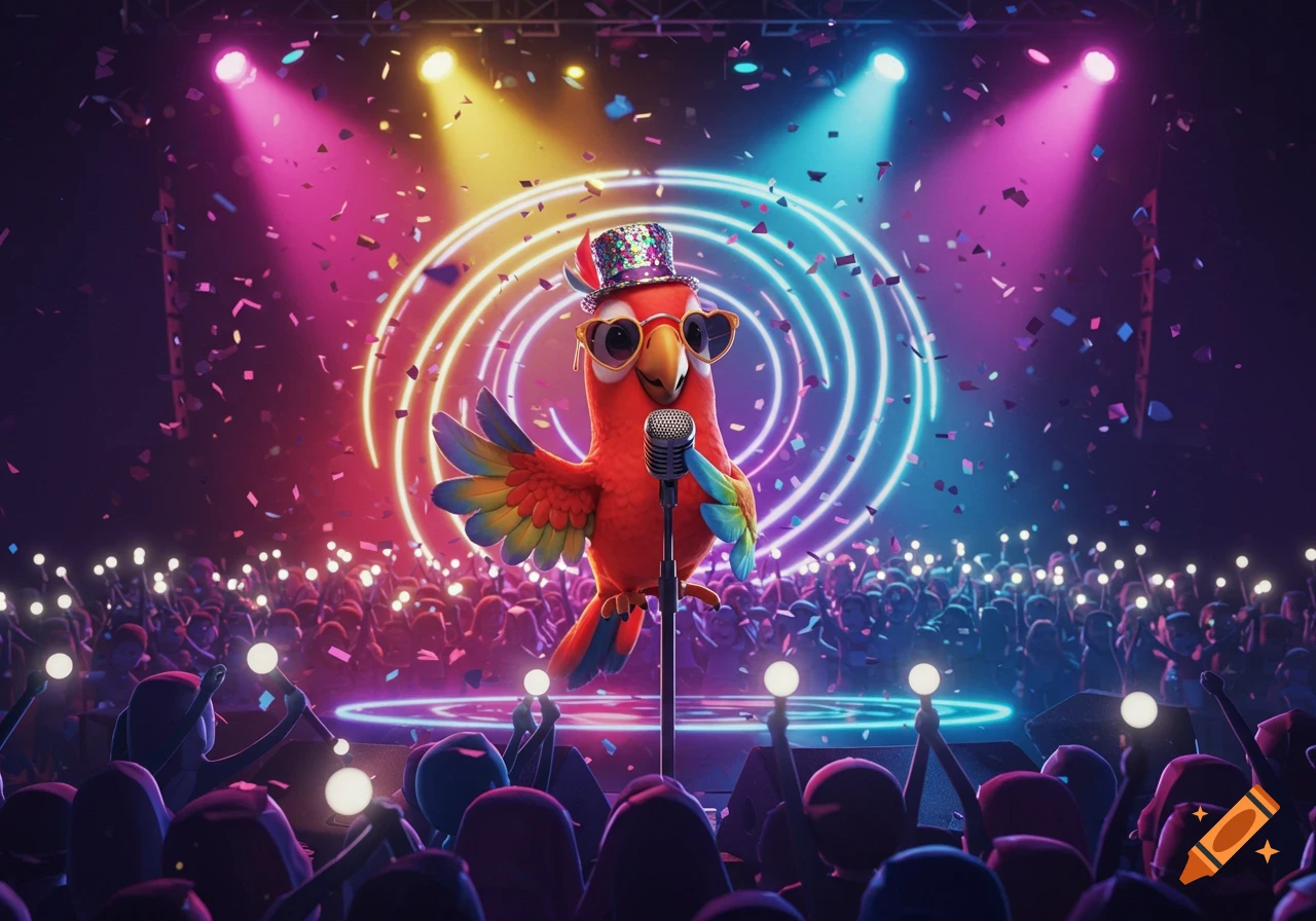A cartoon parrot in a top hat and heart-shaped glasses sings into a microphone on a vibrant pop concert stage under colorful lights, surrounded by a cheering crowd.