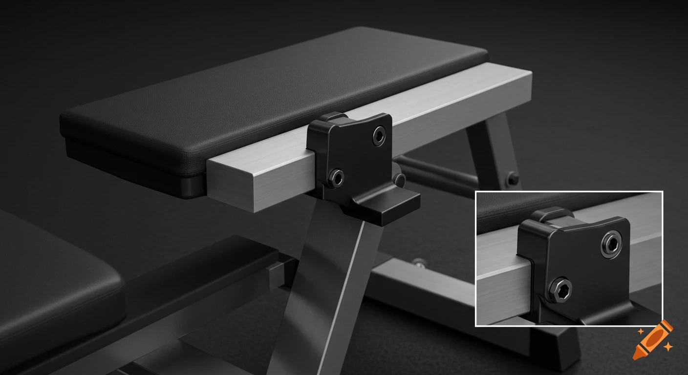 A close-up 3D rendering of a gym bench with black padding and a silver frame, showing a detailed view of the attachment mechanism.