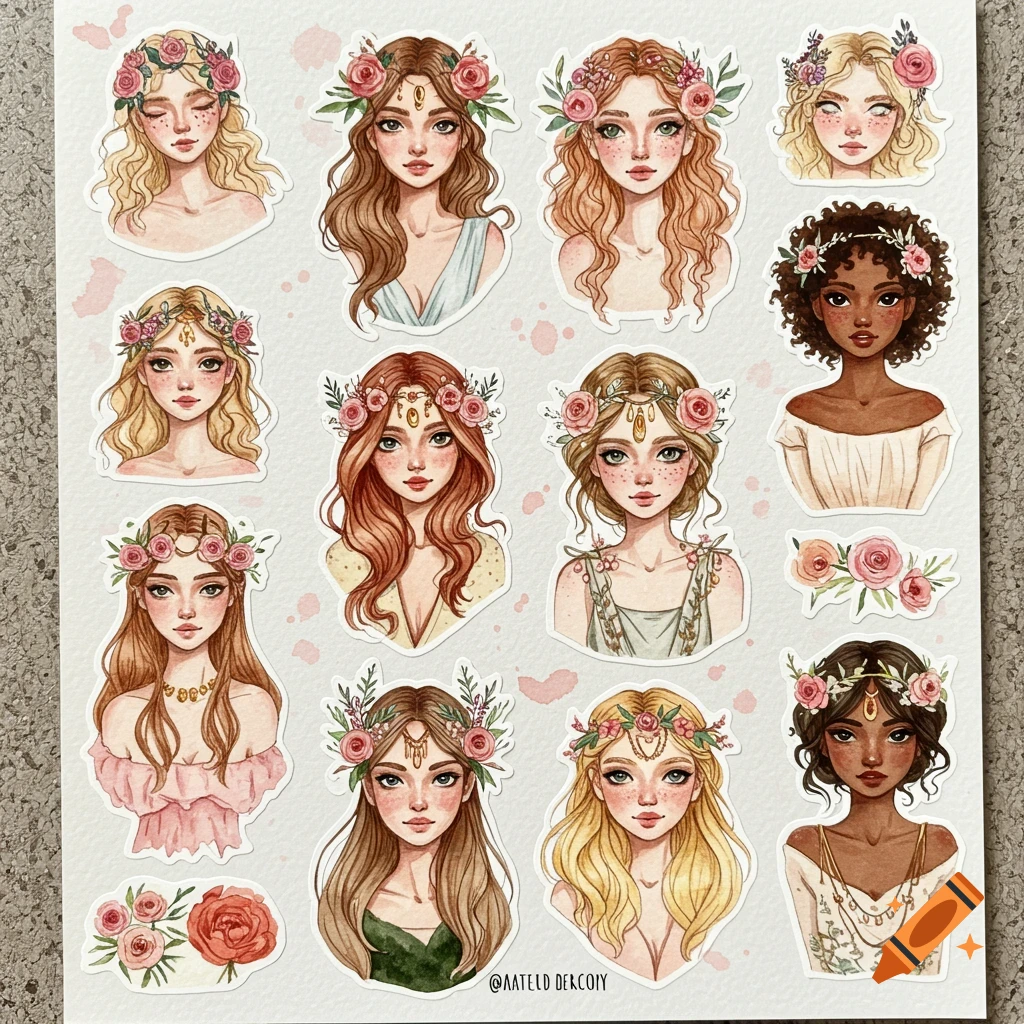 Watercolor illustration sticker sheet of women with floral crowns