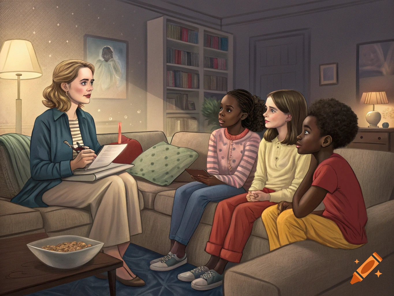An illustration shows a woman interviewing three young people on a couch in a living room.
