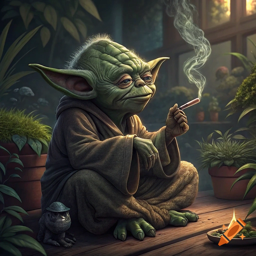 Yoda sitting in a garden, holding and smoking a joint, with plants and a small creature nearby.