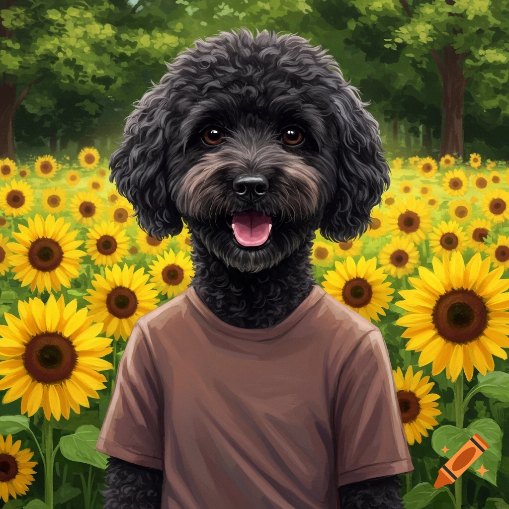 A black dog in a brown shirt standing in a field of sunflowers.