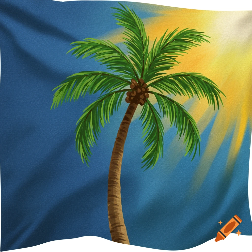 Illustration of a palm tree against a blue sky with sun rays, on a wavy surface.