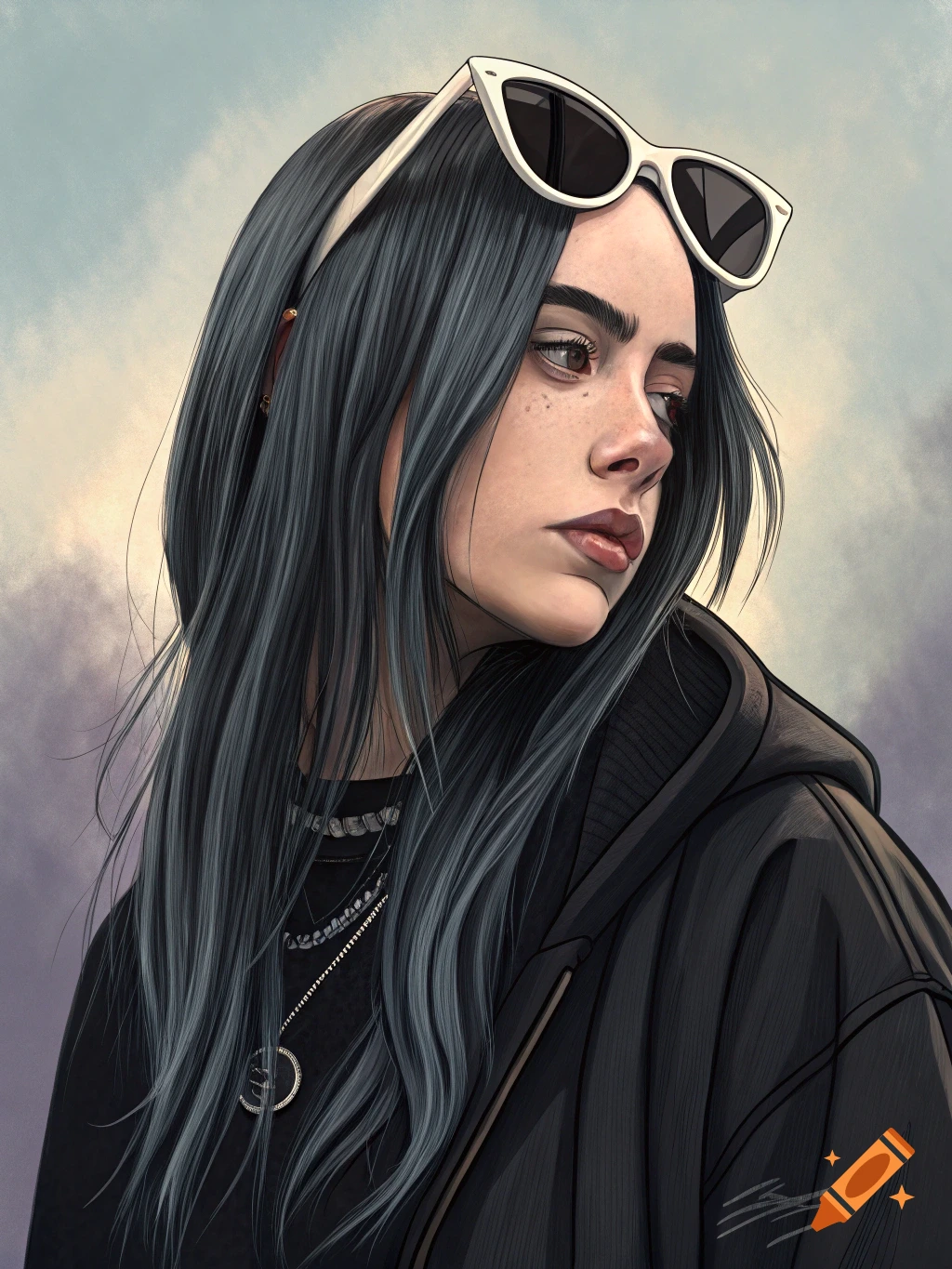 Digital illustration portrait of a person with sunglasses, dark hair, and a hooded jacket.
