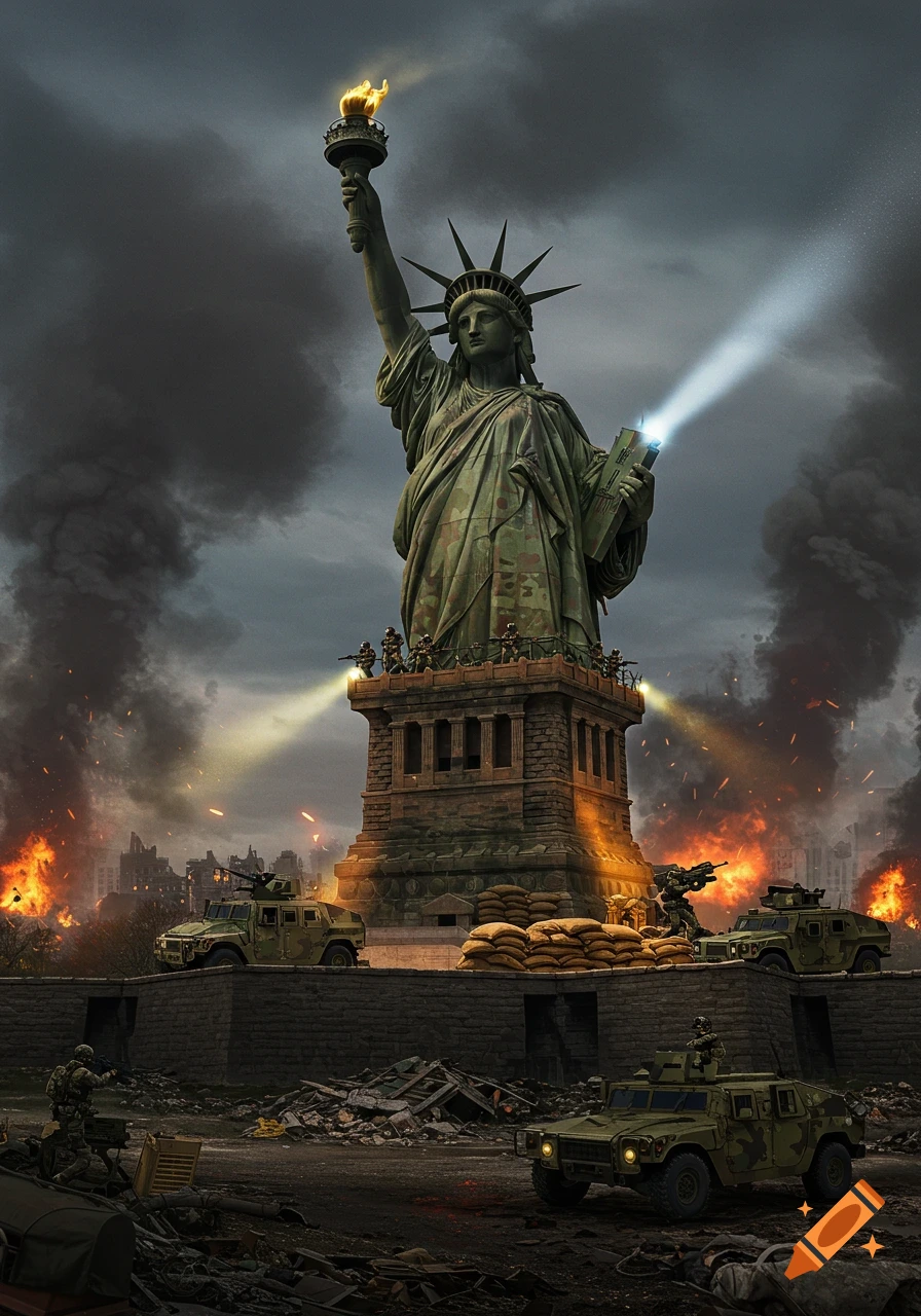 Statue of Liberty depicted as a military base in a warzone with soldiers and vehicles amidst destruction.