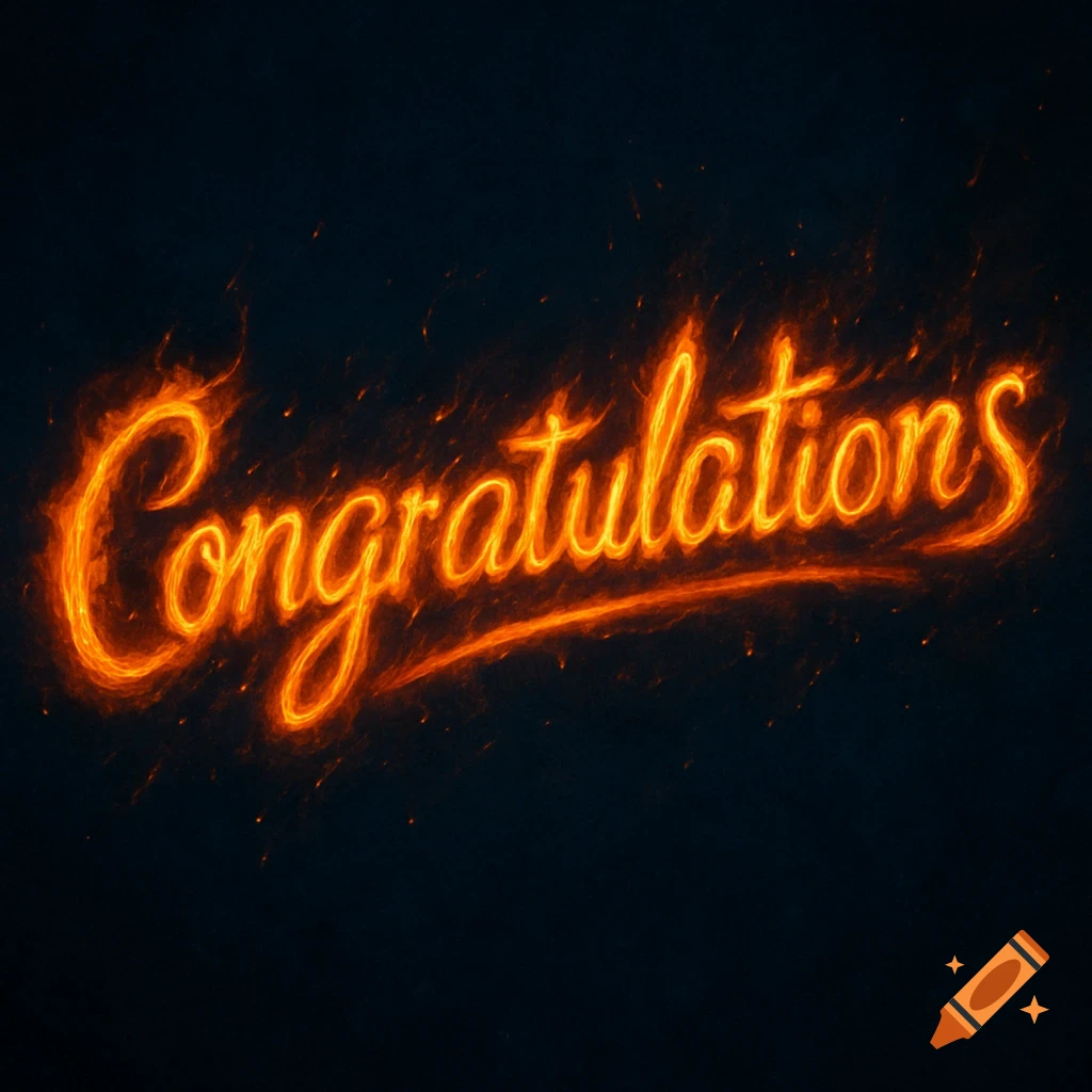 The word Congratulations written in fiery orange and yellow script on a dark blue background.