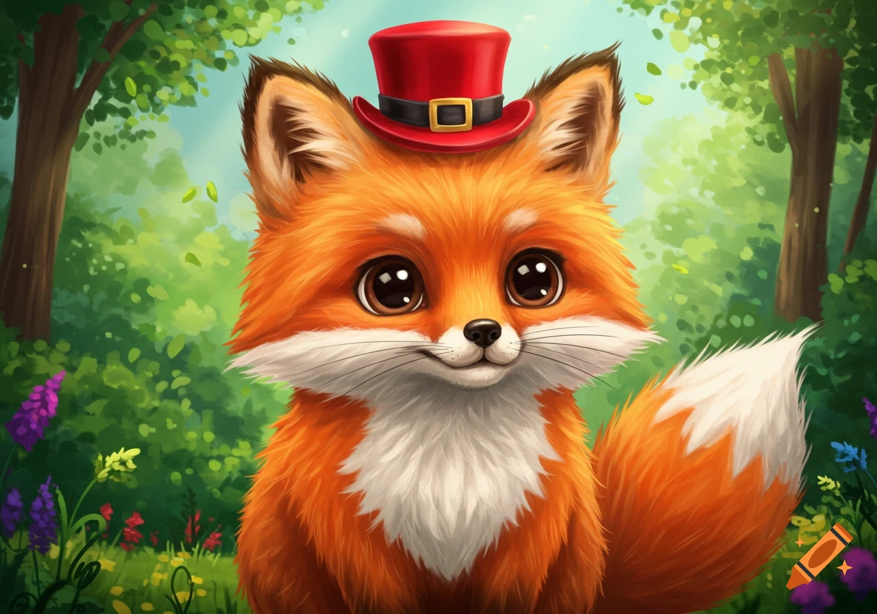 A cute fox wearing a red top hat in a forest clearing.