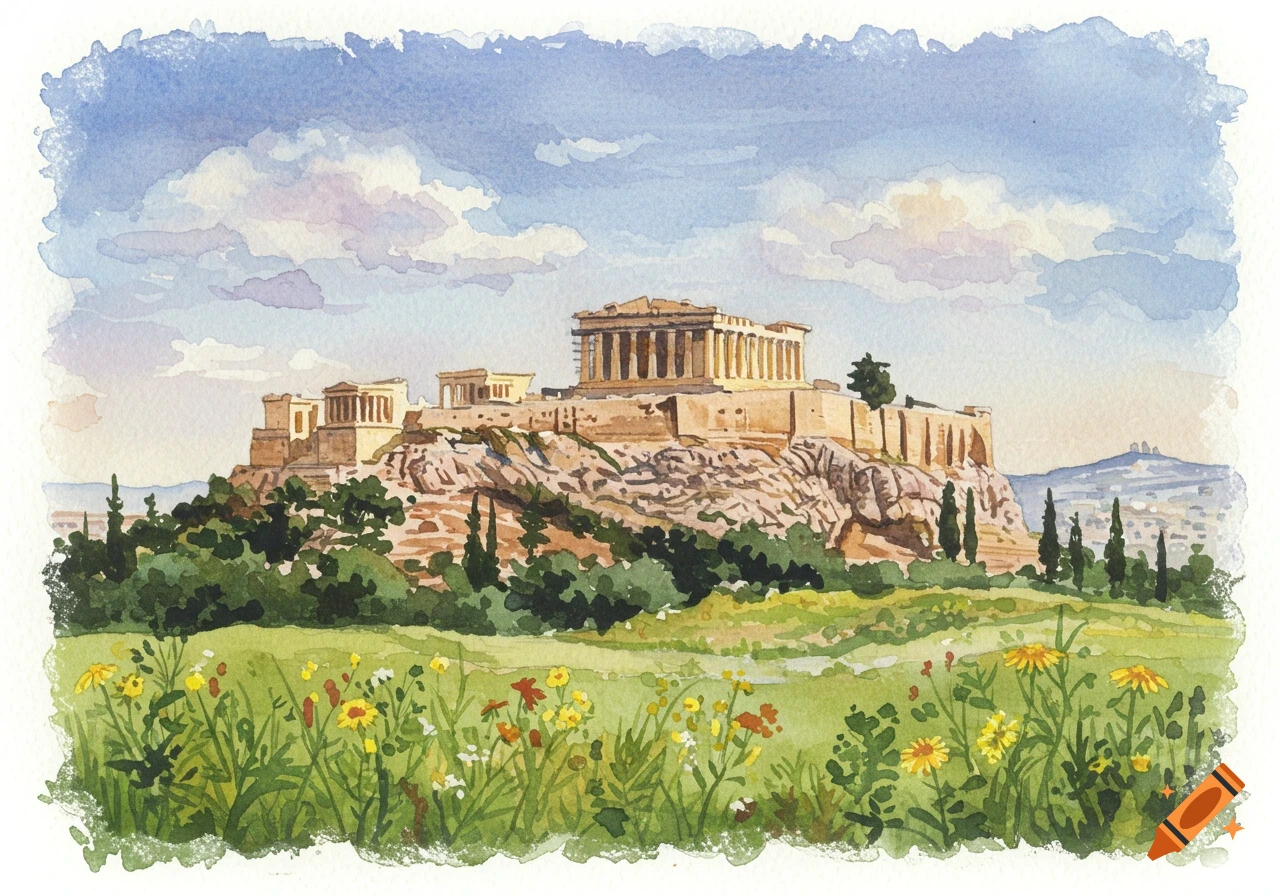 Watercolor painting of the Acropolis in Athens with wildflowers in the foreground.