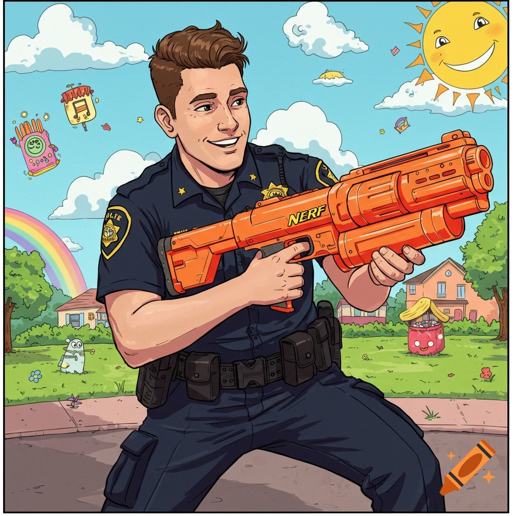 Cartoon police officer holding a large orange Nerf gun in a whimsical park with a rainbow and smiling sun.
