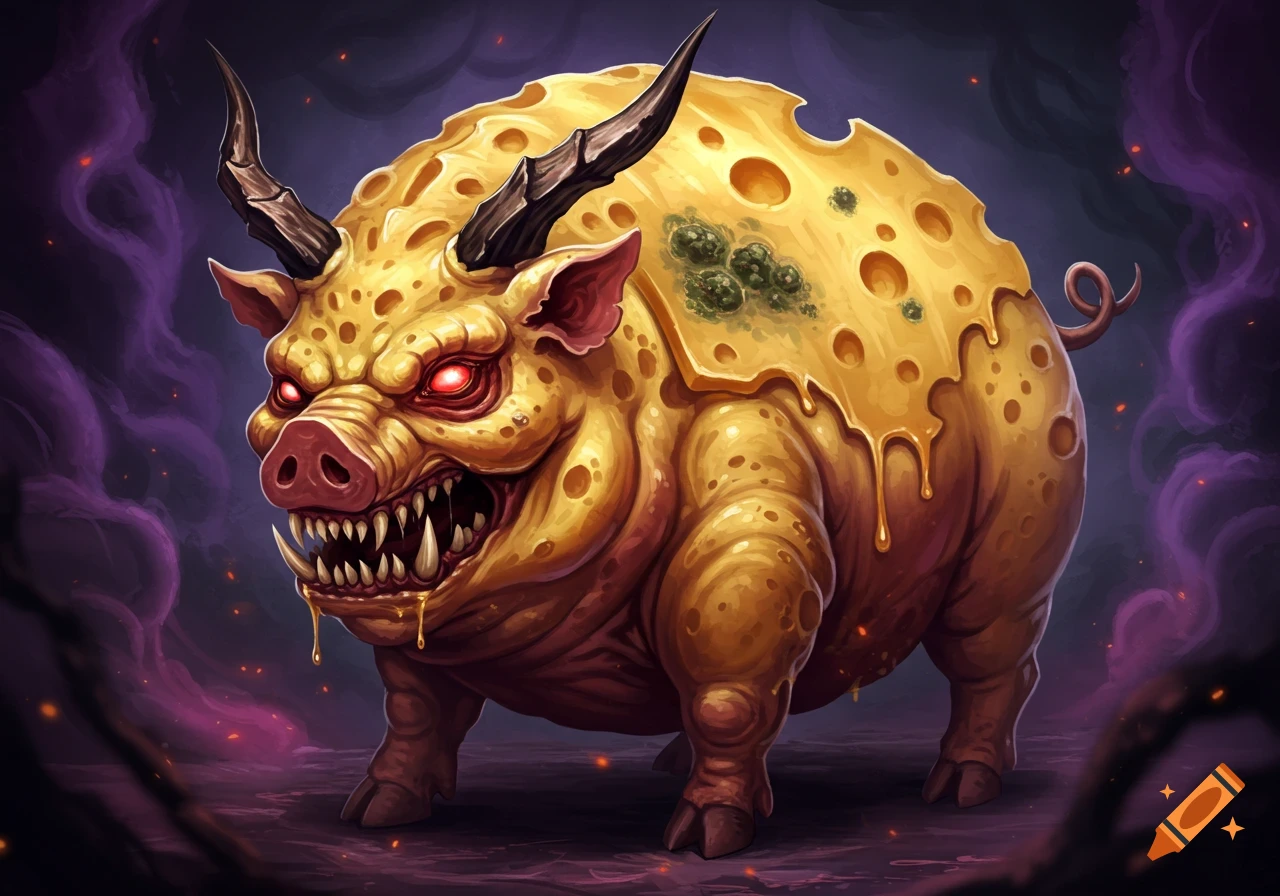 A monstrous pig creature with cheese texture, horns, and red eyes.