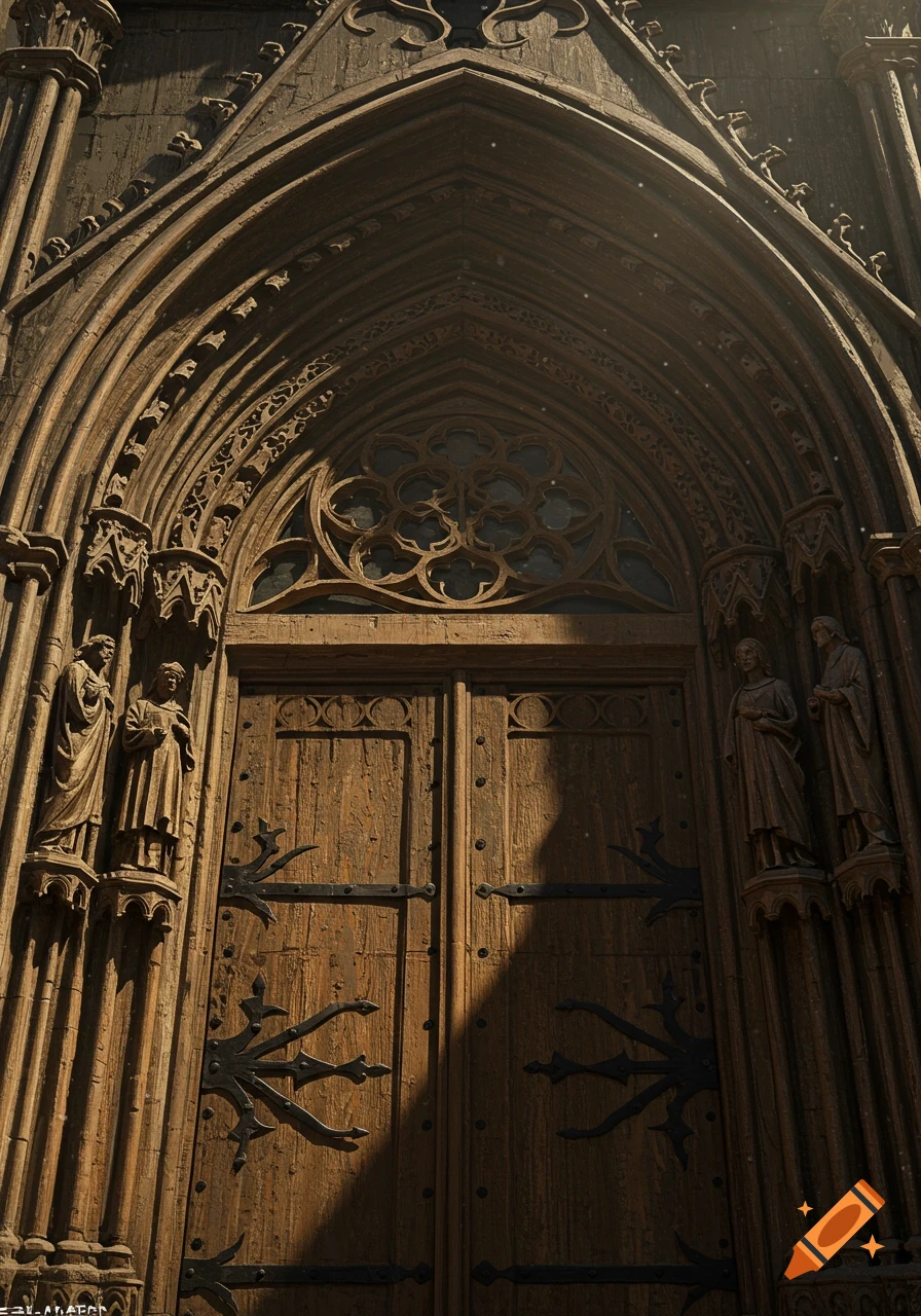 An ornate wooden church door with gothic architecture and statues.