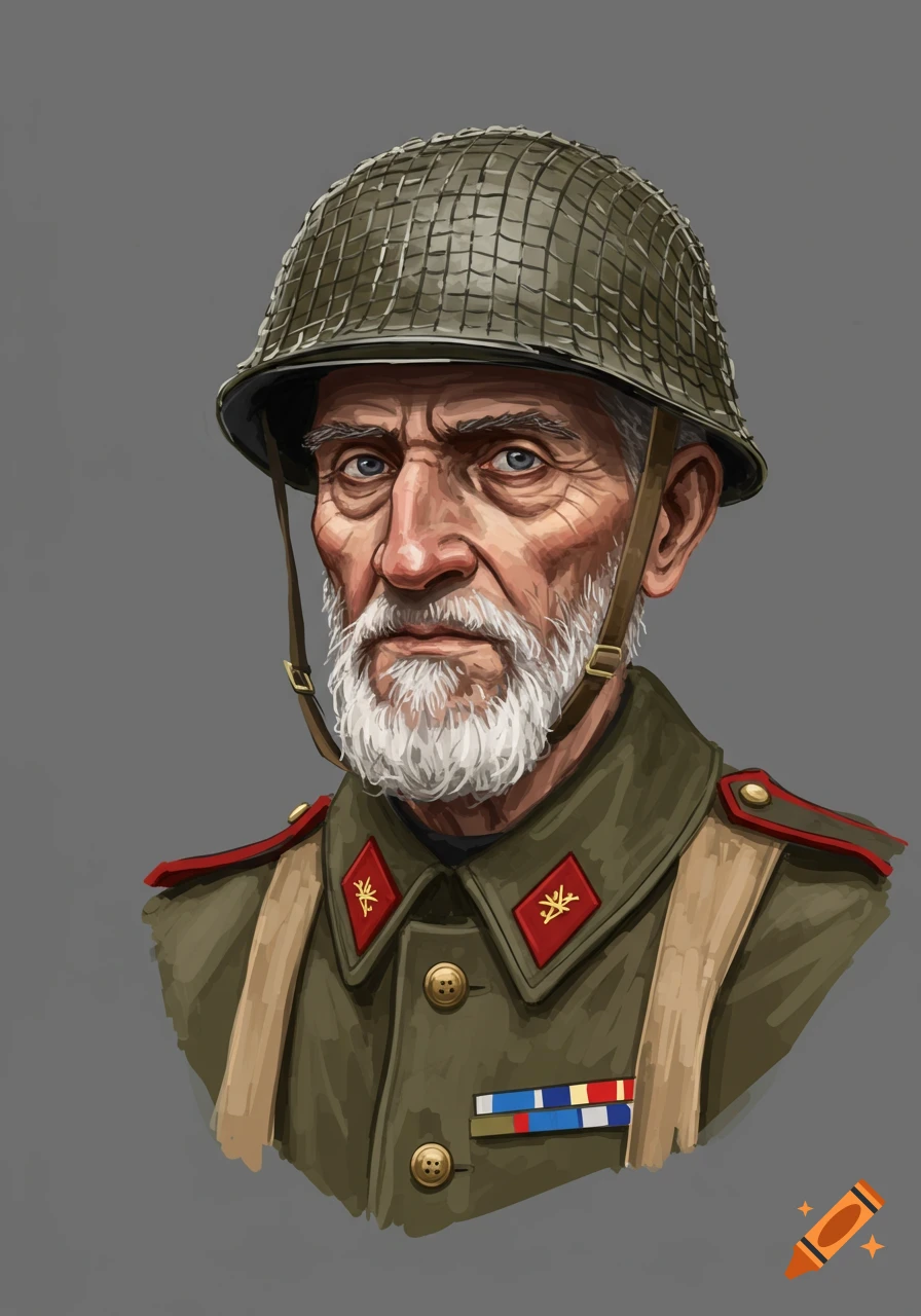 Digital painting of an old soldier in uniform and helmet