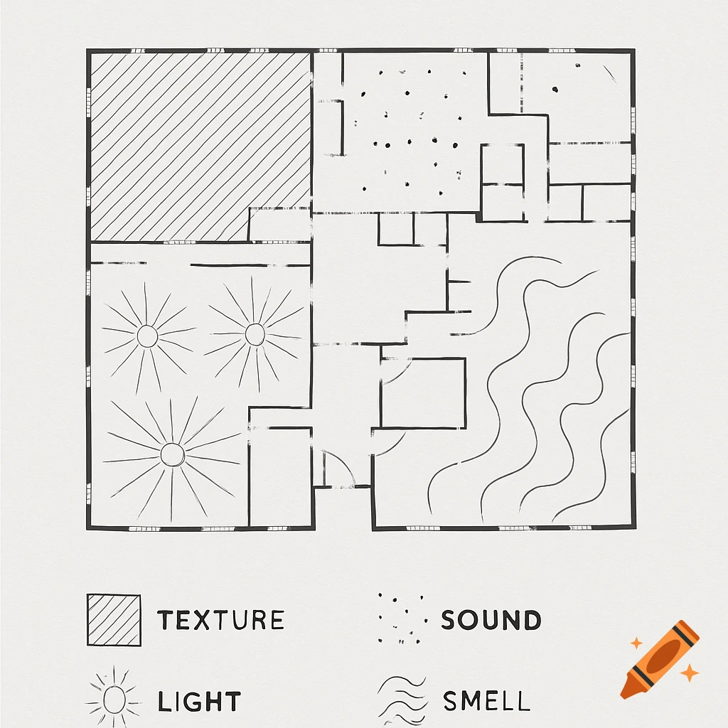 Simple line drawing of a building plan diagramming texture, sound, light, and smell.