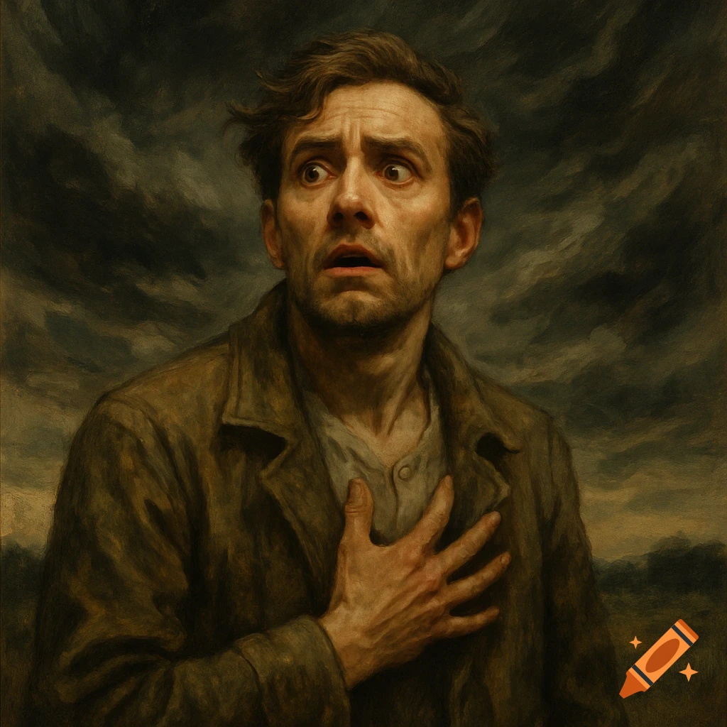 Dramatic painting of a man with a scared expression and hand on chest
