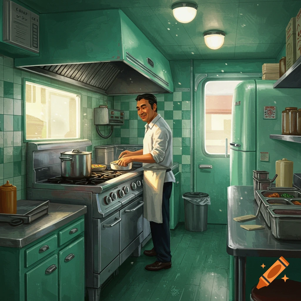 A man cooks in a retro green kitchen.
