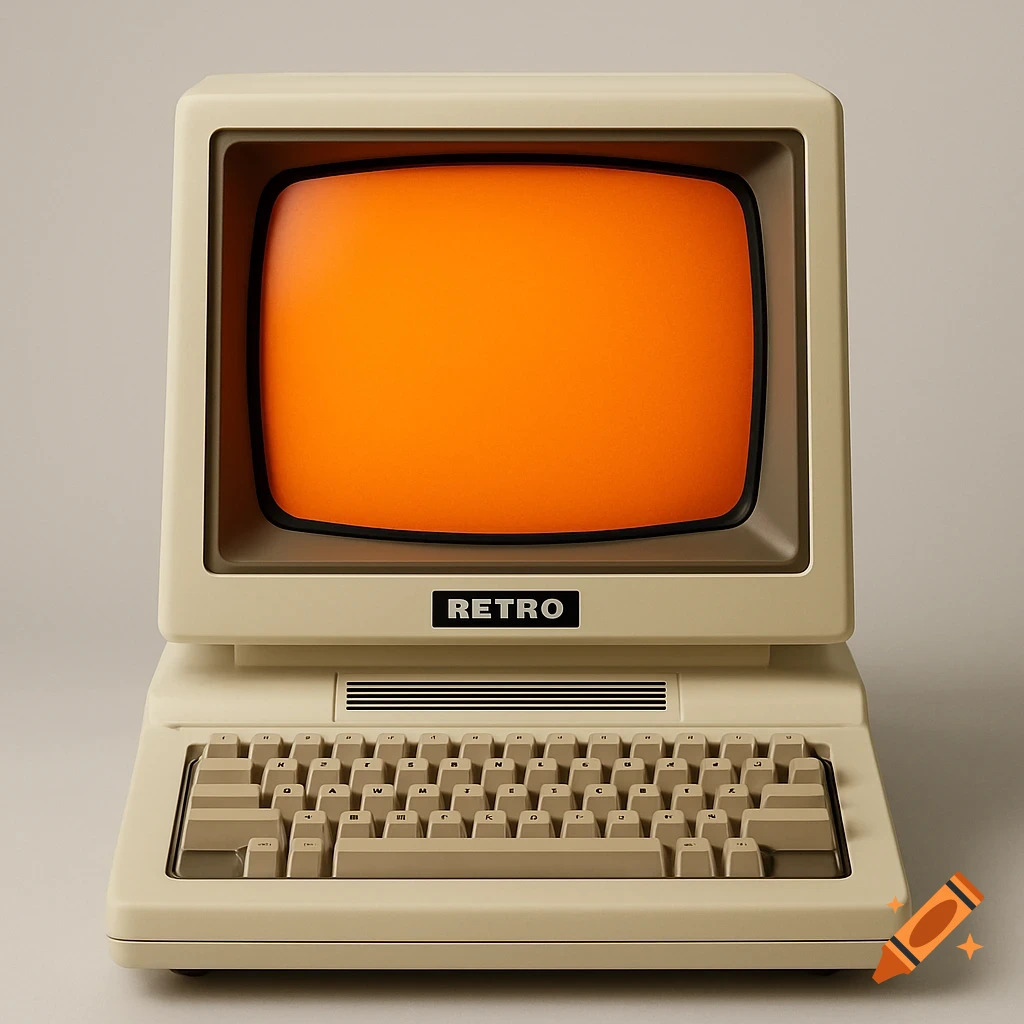 Retro computer with an orange screen and keyboard on a gray background.