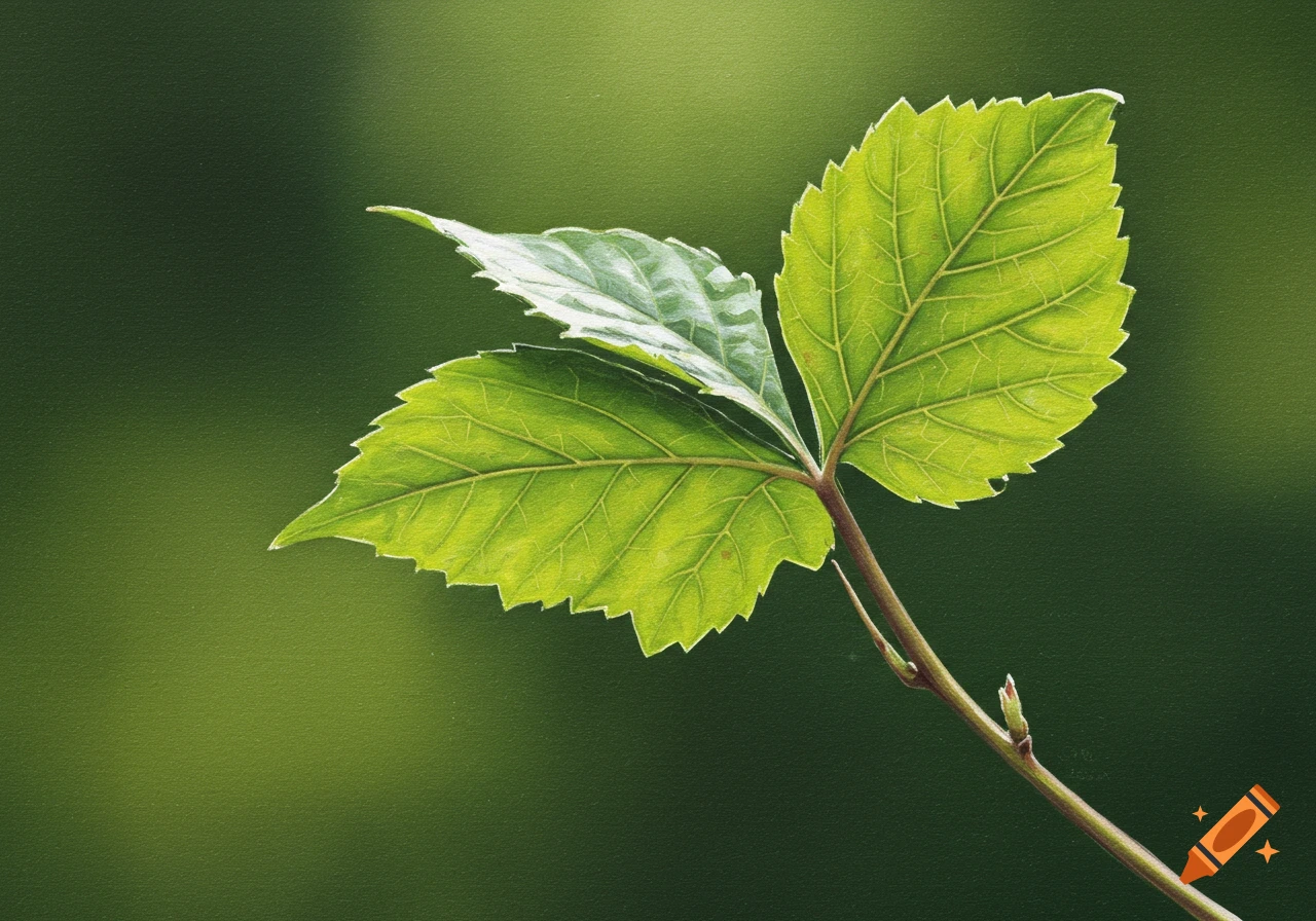 Close up of green leaves on a stem against a green background