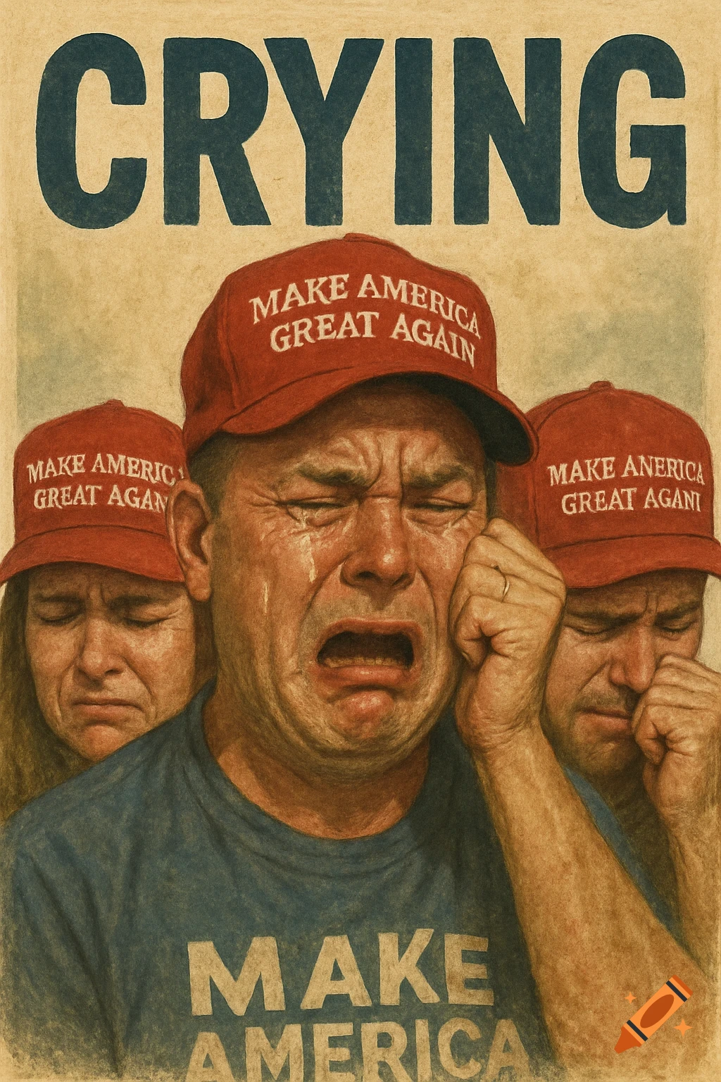Illustration in a poster style shows three crying people wearing red hats. The central figure wears a blue shirt. Text reads "CRYING", "MAKE AMERICA", and various attempts at "MAKE AMERICA GREAT AGAIN" on the hats.